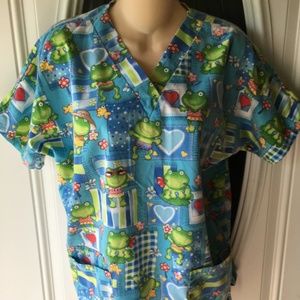 HQ Headquarters Frogs Scrub Top Sz XS